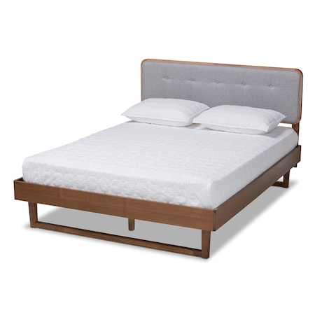 Baxton Studio Natalia Light Grey Upholstered and Walnut Wood Queen Size Platform Bed 167-9411-9441